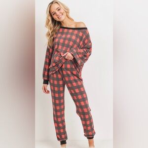 Hello MIZ Women's Red and Gray Plaid Pajama Set